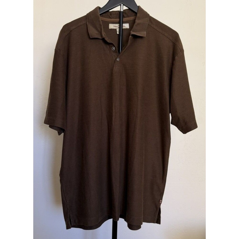 Tommy Bahama Men’s XL Polo Shirt Brown Solid Cotton Silk Button Collared